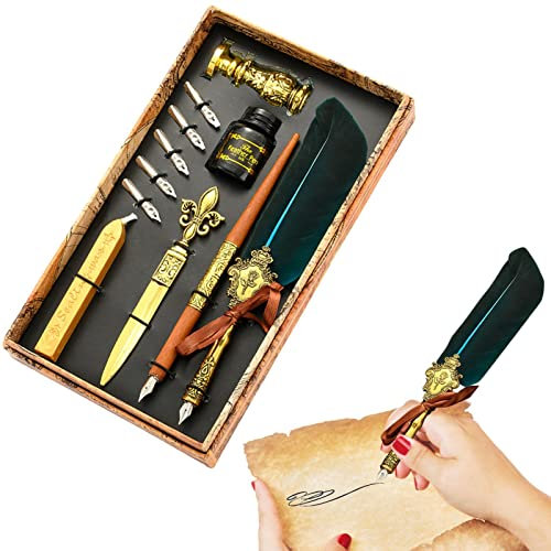 Quill Pen Ink Set - Antike Federstift zum Schreiben - Feder Kalligraphie Stift Tinte Set mit Ersatzspitzen, Tinte, Wachssiegelstäbchen, Siegelstempel, Kalligraphie Dip Pen Geschenk