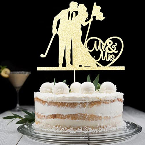 Funny Golf Wedding Cake Topper, Mr & Mrs Kissing, Golf Wedding Toasting Bride and Groom Party Decorations, Wedding Anniversary Cake Decor, Gold Glitter