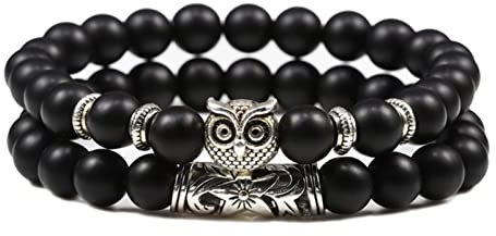 2 Stück/Set Eule Armband Naturstein Perlen Paar Armbänder Armreifen Energie Männer Frauen Charm Schmuck Matt Schwarz