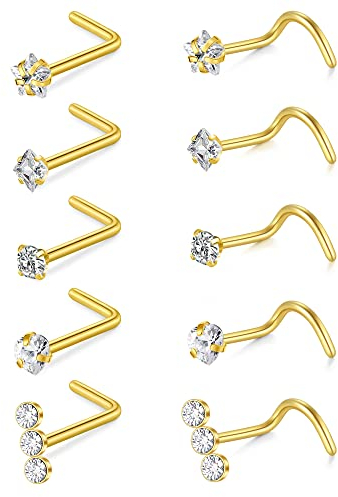 VFUN 22G 0.6MM Nasenstecker Spirale L-Form Diamant CZ Nasenpiercing Herz Nasen Piercing Nase Stecker Chirurgenstahl Nostril Piercing Damen 10 Stück Gold
