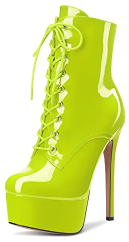 Aachcol Women Ankle Boots Short Bootie Platform Stiletto High Heel Round Toe Dress Shoes Lace-up Patent Green B 16 CM 4 UK