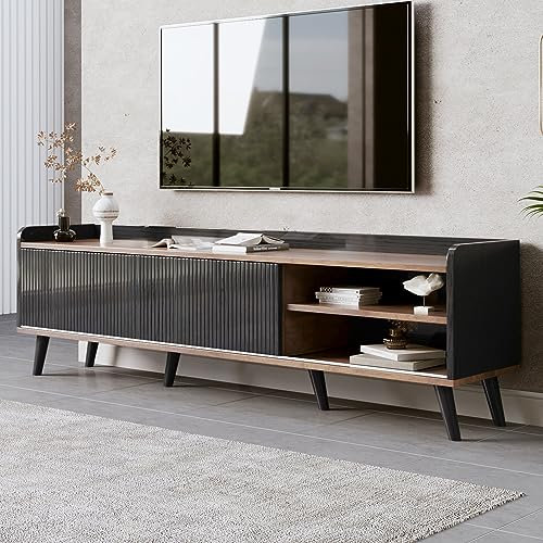 kubeier Meuble TV lowboard Vintage Meuble TV 160 cm Meuble TV Bois avec Deux tiroirs, Deux Portes coulissantes, Meuble TV Meuble TV, Blanc et Couleur Bois Naturel. H58/L160/P40cm,Black