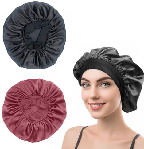 2 Pcs Satin Bonnet, Silk Bonnet for Sleeping, Shower Cap, Silk Bonnet for Curly Hair, Wide Elastic Band Satin Bonnet, Makeup Hair Care Elastic Hat, Night Sleep Cap for Women Girls (Black, Rose Gold)