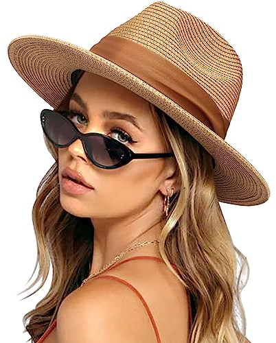 DRESHOW Damen Panama Hut Breiter Krempe Stroh Sommer Fedora Strohhut Panama Aufrollen Hut Strand Rollbar UV Sonnenhut UPF 50 +