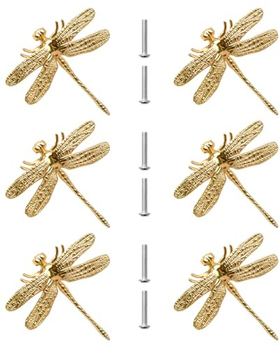 MOROBOR Zinklegering trollslända skåpknoppar, 6 st djur enkelt hål handtag, guld låda dragknopp dekorativ byrå låda handtag knoppar
