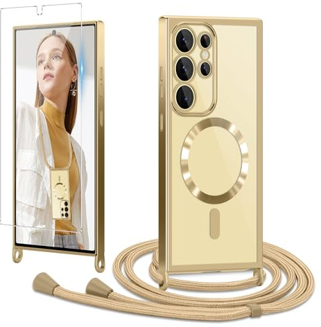 Ethanger für Samsung Galaxy S24 Ultra Hülle mit Band + 1 Schutzfolie, Gold | Handyband Transparent Silikon Handyhülle, Magnetische Schutzhülle Case zum Umhängen Kordel