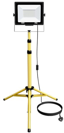 100W Faretto LED da Cantiere con Regolabile Treppiede, Proiettore LED da Lavoro Bianca 6000K, Cavo da 5m, IP66 Faro Led Illuminazione Interna Esterna per Officina Garage