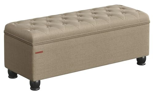 SONGMICS Sitzhocker mit Stauraum, Sitzbank aufklappbar, Fußbank mit Knopfsteppung, 45 x 118 x 45 cm, Scharniere, Massivholzfüße, Bezug aus Leinenimitat, bis 150 kg belastbar, Kamelbraun LOM070K01