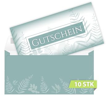 10 Gutscheine DIN lang (21x10,5 cm) mit 10 Kuverts DIN lang (22x11 cm) Natur Eukalyptus Blättern Gutscheine zum Ausfüllen Gutschein Geschenk Karte für Massage Wellness Kosmetik Nagelstudio Spa Beauty