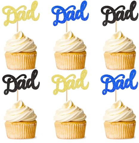 Blumomon 24 Pcs Happy Father's Day Cupcake Toppers Gold Glitter Best Dad Cupcake Decoration Picks Fathers Day Party Cake Decoration Supplies
