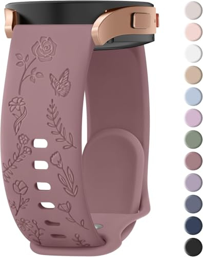 Quick Release Rose Butterfly Engraved Strap for Smart Watch Straps 20mm Women,Silicone Sport Strap with Silver Plated Stainless Steel Buckle for Samsung Galaxy/Garmin/Fossil/Amazfit(Violet Smoke)