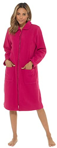 Undercover Peignoir pour femme en polaire avec fermeture éclair et bordure satinée, tailles 38 à 56, rose, violet, bleu, lilas et rose, 54-56