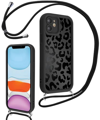 Xylota Coque avec Cordon pour iPhone 11 6,1'', Aesthetic Etui avec Réglable Collier Souple Silicone Corde Caméra Protection Bumper Case avec Motif, Lanyard Antichoc Housse pour iPhone 11，Léopard