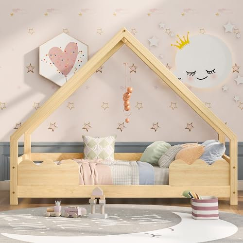 Moimhear 90x200cm Hausbett, Kinderbett mit Rausfallschutz Spielbett, Jugendbett, Massivholz (Natur)