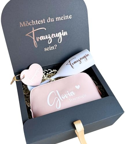 Geschenkschachtel „Möchtest du meine Trauzeugin sein? | personalisierte Geschenkbox | Kosmetiktasche und Sektglas | Geschenk Trauzeugin fragen
