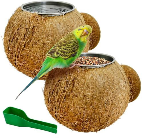 Apatal Coconut Bird Bowls for Cage 2-in-1 Coconut Shell Birds Feeder Set of 2 Hanging Parrot Cage Feeders Natural Parakeet Food and Water Dishes for Lovebirds Finches Budgies Cockatiels