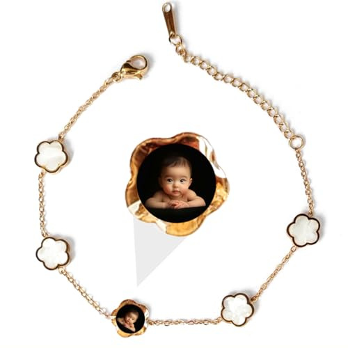 NOOFNO Personalisiertes Foto-Blumenarmband, 4-blättriges Kleeblatt, Edelstahl, 18 Karat vergoldet, personalisiertes Geschenk für Damen (1 personalisiertes Foto)