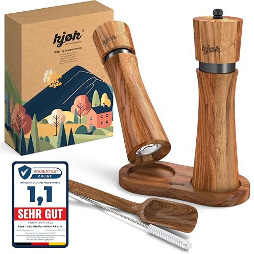 kjøk Premium Salz- und Pfeffermühle Set aus Akazienholz – stufenloses Keramikmahlwerk – mit Untersetzer, Einfülllöffel & Reinigungsbürste – nachfüllbar, für Salz, Pfeffer & Chili