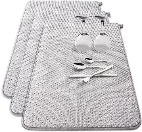 3 Pack Microfiber Dish Drying Mat,24 x 17 inch Super Absorbent Drying Pad,Large Size Dish Drying Mat for Countertops,Sinks,Draining Racks,Gray
