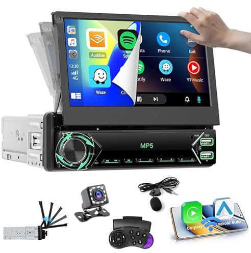 Hikity Autoradio 1 DIN con 7”IPS Retráctil Manual Touchscreen Wireless Carplay Andriod Auto FM Radio con USB Type-C AUX IN Mic EQ SWC Bluetooth Autoradio Mirror Link Vedio Sharing