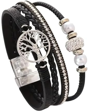 dalerno Wickelarmband mit Perlen, Gliederketten, geflochtenem Leder und Lebensbaum-Anhänger, Magnetverschluss, elegantes Armband für Damen, modisch, vielseitig kombinierbar, ideal als Geschenk Vegan