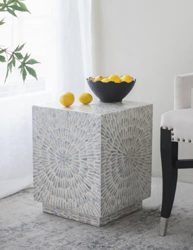 ORYNTIDE 14x14x18 Handcrafted Capiz Shell Mosaic Stool - Blue & White MDF Side Table for Living Room, Bedroom, Coastal Boho Home Décor