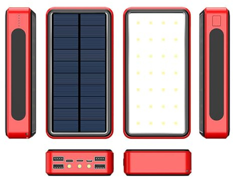 Batterie Externe, Chargeur Solaire Portable, Grande capacité 30 000 mAh, 4 Sorties intégrées et 1 câble d'entrée, Chargeur Rapide 5 V 3,1 A, Compatible avec Les appareils Android, Rouge, 8 000 mAh