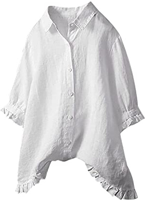 Chemise Femme Grande Taille- Blouse Ete Coton Lin Manches 3/4 avec Col à Revers Et Poignets à Volants Coupe Ample Haut Décontracté Bohème Couleur Unie Chic Et Élégants Longueur Moyenne Tunique