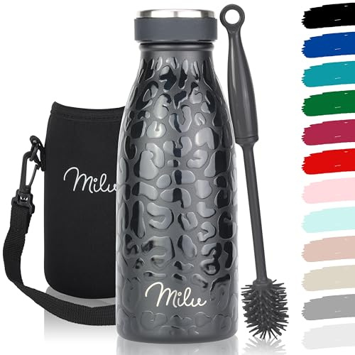 Milu Edelstahl Trinkflasche 350ml, 500ml, 750ml, 1L, 1,5L – Thermosflasche für Kinder Erwachsene auslaufsicher Isolierflasche Kohlensäure geeignet– inkl. Reinigungsbürste (Black Leopard, 350ml)