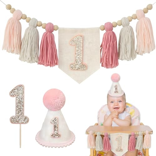 BOZILY 3 Stück Deko 1. Geburtstag Mädchen Set, Geburtstagsbanner, Geburtstagshut & Kuchen-Deko zum 1. Geburtstag, Pinke Boho Party-Deko für Geburtstagsdeko 1 Jahr Mädchen