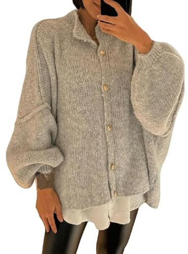 Women's Winter Button Down Cardigan Sweaters Loose Fall Sweater Coats Mock Neck Lantern Long Sleeve Chunky Knit Jacket (1,M)