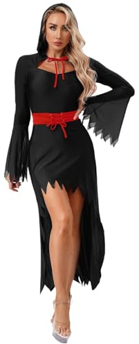 Sywiyi Dam, vampyr, djävul, kostym, klänning, halloween, långärmad, vokuhila, maxiklänning med bälte, gotisk, punk, satan, utklädnad, temafest, kostym