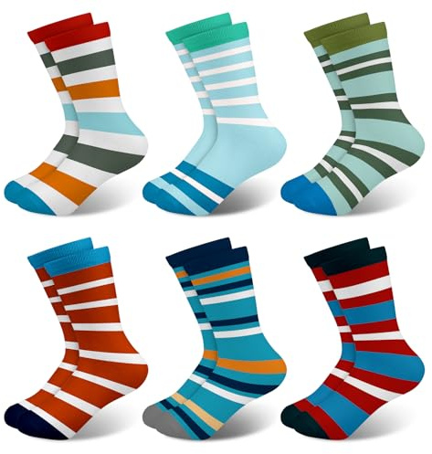 Queenshin 6 Pares Calcetines Niño Infantile Divertidas Colorido Azul Verde Rojo Rayas Calcetines Crew Regalo Comodidad y Transpirabilidad en 9-14 años Tamaño 32-38