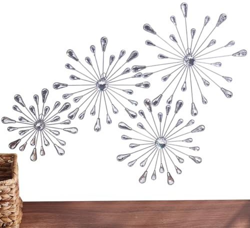 AHANDMAKER 4 Stück Sternblumen Wanddeko Glitzer Wandkunst Mit Strasssteinen Sonnenstrahl Wassertropfen Dekor Moderne Akzentdekoration Für Wohnzimmer Eingangsbereich Schlafzimmer Silbern Silberfarbig