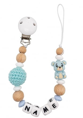 Individuell gestaltetes Babygeschenk personalisiertes Schnullerkette mit Namen für Mädchen oder Junge Baby Geschenk personalisiert zur Geburt & Taufe (Bär baby blau)
