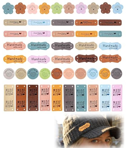 Etiqueta de costura hecha a mano, 50 etiquetas de costura de piel sintética, 5 estilos multifacéticos y 10 colores, accesorio de costura para ropa, bolsos, tejer y proyectos de bricolaje