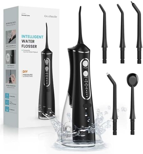 OasiSmile Water Flosser for Teeth Cleaning, 300ML Cordless Oral Irrigator with DIY Strength, 4 Modes & 5 Jet Tips, 30-Day Battery Life, IPX7 Waterproof Dental Flosser for Braces, Travel & Daily Care