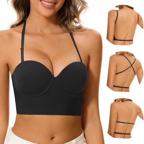 BUBBLEFOX Reggiseni a Schiena Bassa-Reggiseni con Schiena Scoperta Invisibile e Ferretto-Reggiseni Reggiseni con Scollo Multiway Convertibili con Taglio Basso per Le Donne(Black, 2B)
