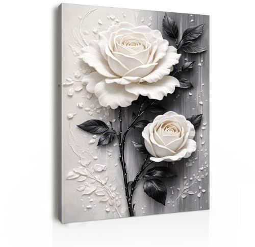 Galmcook Framed Canvas Wall Art 30x40 cm, White Rose Floral Canvas Prints, Black and Grey Wall Decor Picture with Frame for Bedroom Living Room Home Office, with Hook-and-Loop Pads and Hanging Hook