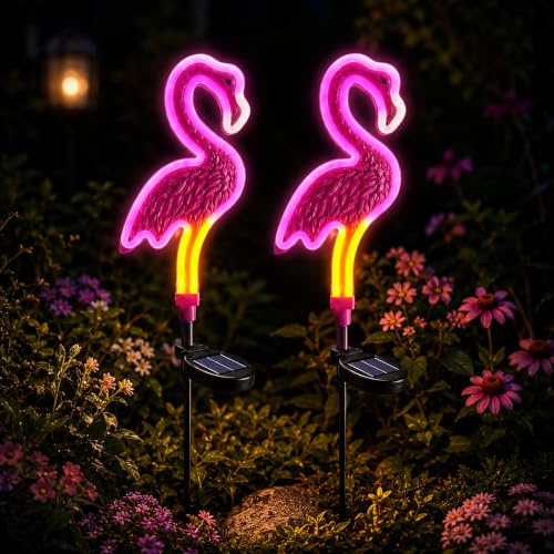 IWTBNOA Lot de 2 flamants roses solaires pour décoration de jardin, décoration d'extérieur - Belle lampe de décoration de cour extérieure - Résistant aux intempéries - Jardin pour chemin, chemin
