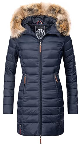 MARIKOO Damen Winter-Steppmantel Rose-Stepp mit großer Kunstfellkapuze | Länge: po-bedeckend | Wärmegrad 3 von 3 – warm gefüttert | Matt schimmerndes, weiches Obermaterial