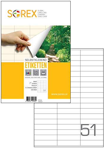 Sorex 70x16,9 mm Universal Etiketten Selbstklebend Weiß für alle Drucker, 100 Blatt DIN A4, Premium Aufkleber, Starke Klebekraft, Barcode, Adressetiketten, Live Geschnitten, 51 Etiketten/Blatt