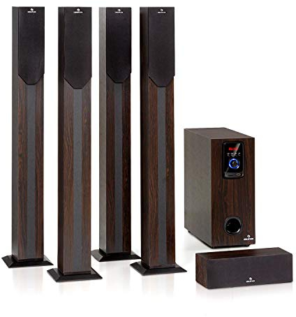 auna Areal Elegance 5.1 Soundsystem - Lautsprechersystem, Heimkinosystem mit 190 Watt RMS, Heimkino mit 5 Subwoofer, 5 x Satelliten-Lautsprecher (3+5), Bluetooth, USB/SD, dunkle Holzoptik