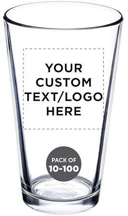 DISCOUNT PROMOS Custom Beer Pint Glasses 16 oz. Set of 10/50/100, Personalized Bulk Pack - Heavy Duty Glassware for Restaurant, Thick Base and Walls, Stackable - Clear