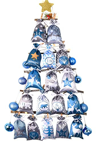 PANSIBY Adventskalender zum Befüllen, Weihnachtskalender Selbstbefüllen Aufhängen mit Blau Grau Stoff Säckchen, 24 Stoffsäckchen Groß (12x20cm) Kette zum Selber Basteln
