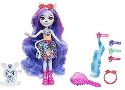 Enchantimals Zemirah Zebra-Puppe - mit langem, glamourösem Haar, begleitet von Bester Freundin Grainy, insgesamt 5 Haarspiel-Accessoires, Geschenk für Kinder ab 4 Jahren, HNV28