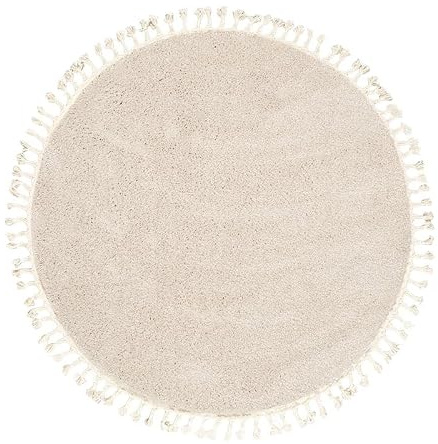 Teppich Hochflor Rund - Lofty Fringe Creme Weiß - Ø 120 cm | Einfarbig - Ländlich, Modern, Skandinavisch - Wohnzimmer, Esszimmer, Schlafzimmer - Fellteppich