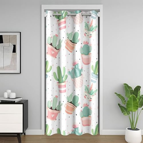Cactus - Tenda per porta privacy, motivo bohémien, per porte scorrevoli, per armadi, tende, isolate da 200 cm, termica, per divisorio, 30% – 50% oscurante, 1 pannello, 34 x 80 cm