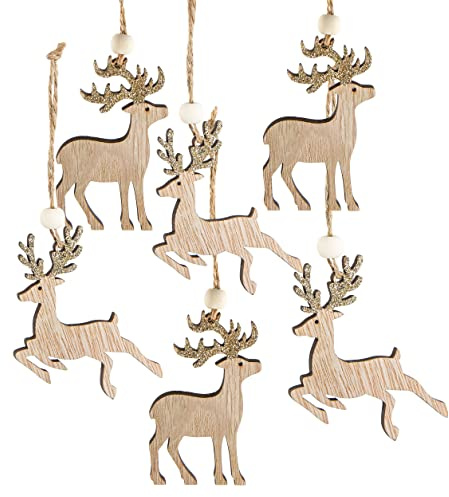 Logbuch-Verlag 6 Hirsch Weihnachtsanhänger Baumschmuck Holz Anhänger Weihnachten Deko Natur Gold zum Aufhängen 7 cm