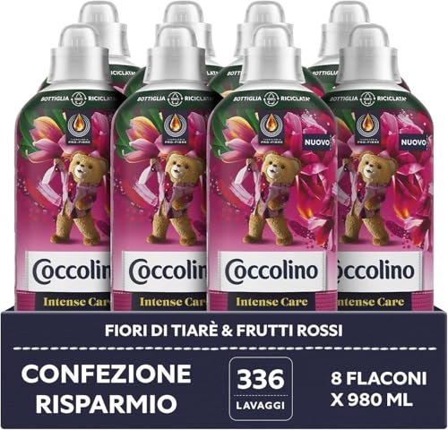 Coccolino Weichspüler-Konzentrat, flüssig, 8 x 980 ml, Tiaréblüten und rote Früchte, Pro-Fibres Technology, für bis zu 336 Waschgänge